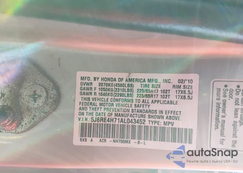 2010 Honda Cr-V Ex-L z USA, uszkodzony, nr VIN 5J6RE4H71AL043452